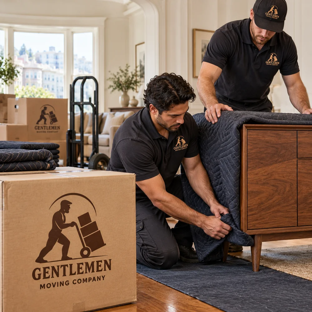 Movers protect a walnut cabinet beside a box with the Gentlemen Moving Company logo.