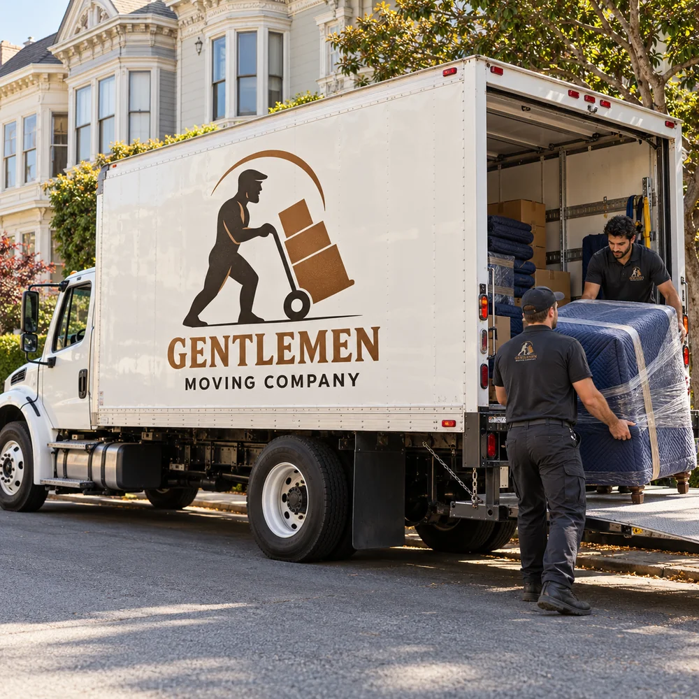 Gentlemen Moving Company branding on a moving truck as movers load protected furniture.